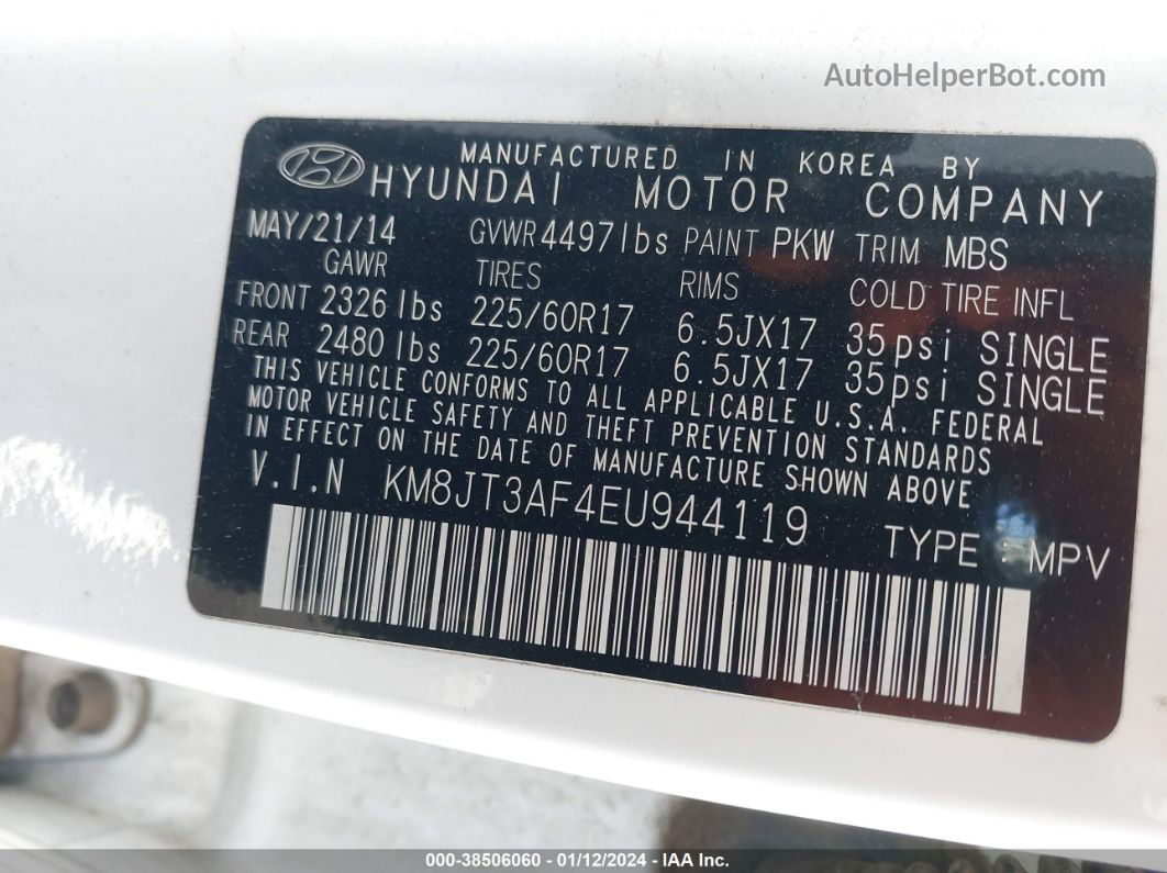 2014 Hyundai Tucson Gls White vin: KM8JT3AF4EU944119