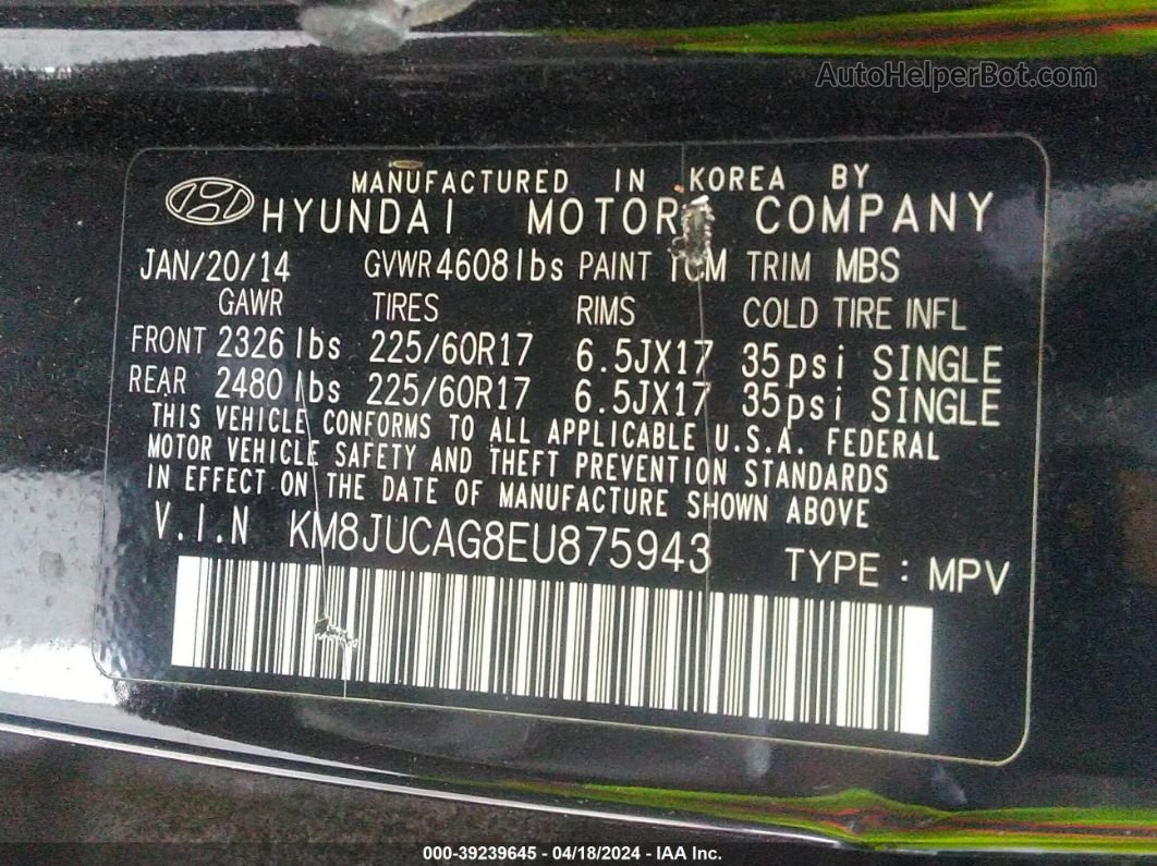 2014 Hyundai Tucson Se Black vin: KM8JUCAG8EU875943