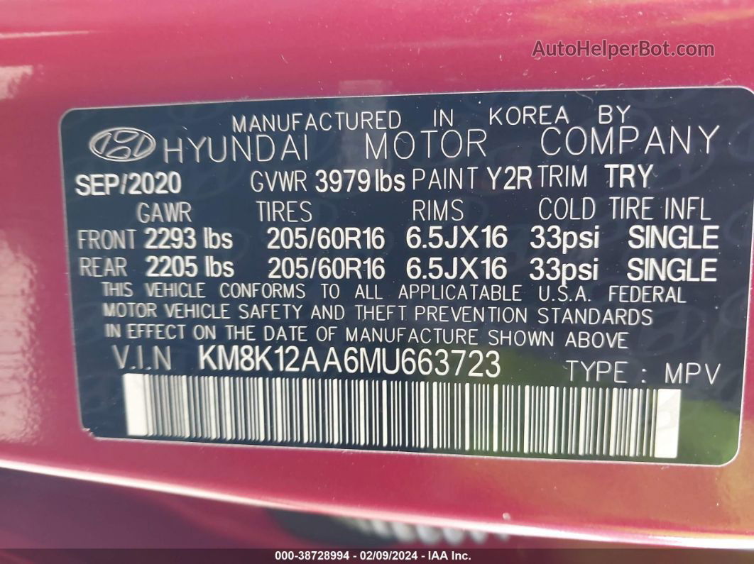 2021 Hyundai Kona Se Red vin: KM8K12AA6MU663723