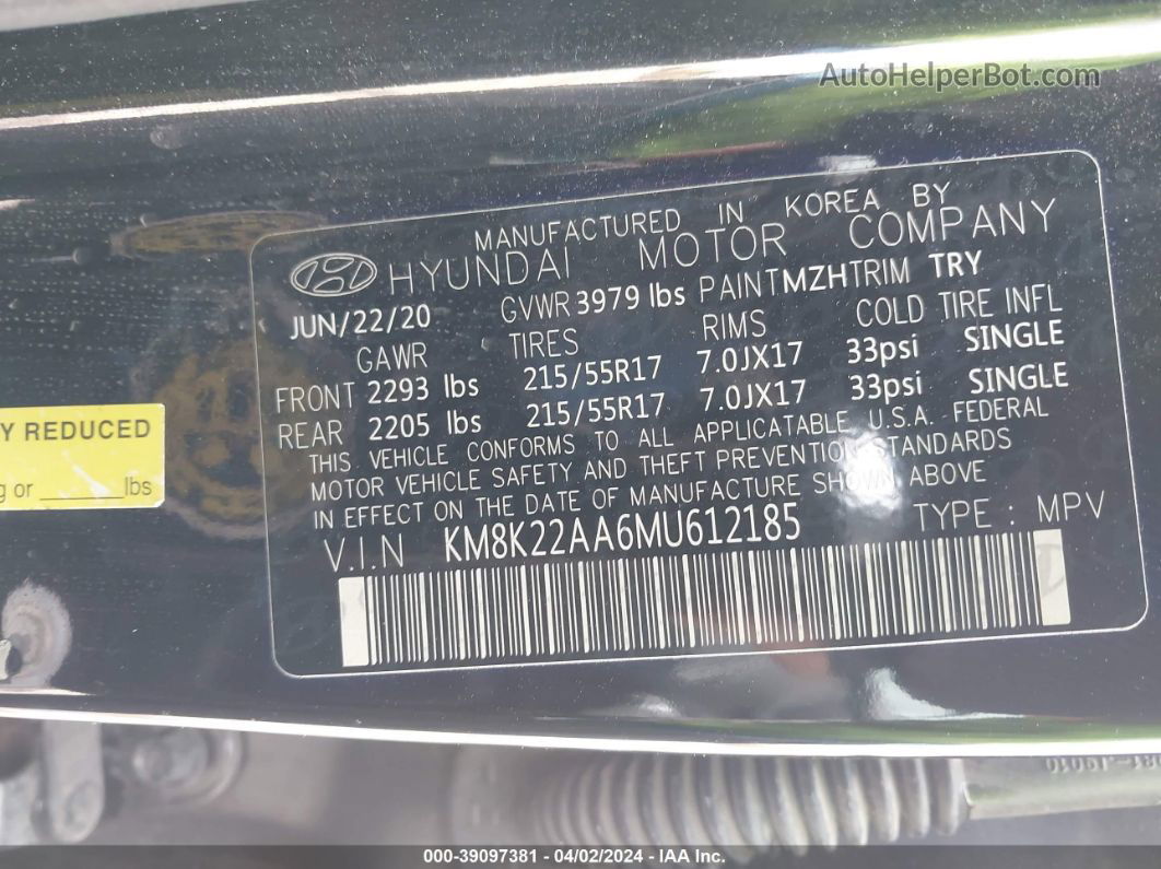 2021 Hyundai Kona Sel Черный vin: KM8K22AA6MU612185