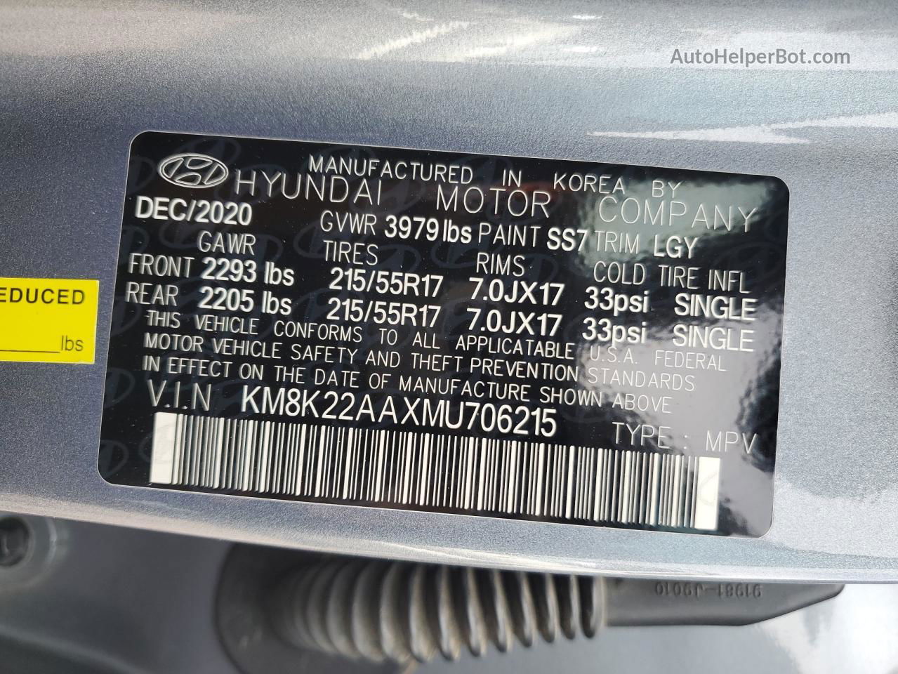 2021 Hyundai Kona Sel Gray vin: KM8K22AAXMU706215