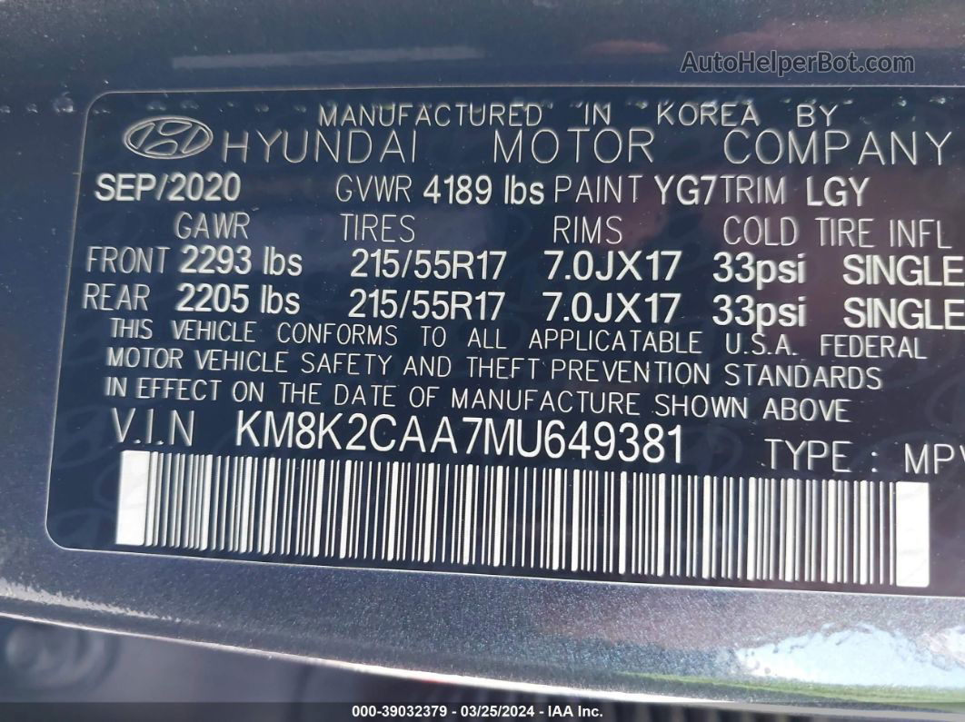 2021 Hyundai Kona Sel Серый vin: KM8K2CAA7MU649381