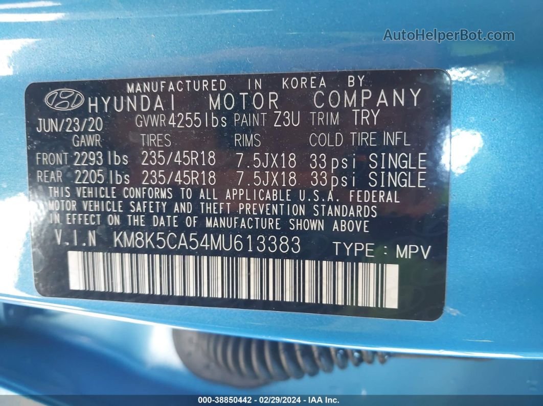 2021 Hyundai Kona Ultimate Синий vin: KM8K5CA54MU613383
