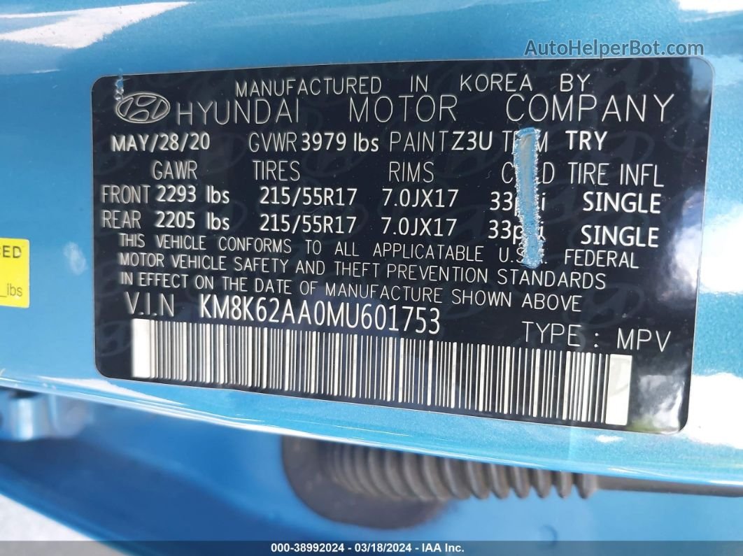 2021 Hyundai Kona Sel Plus Blue vin: KM8K62AA0MU601753