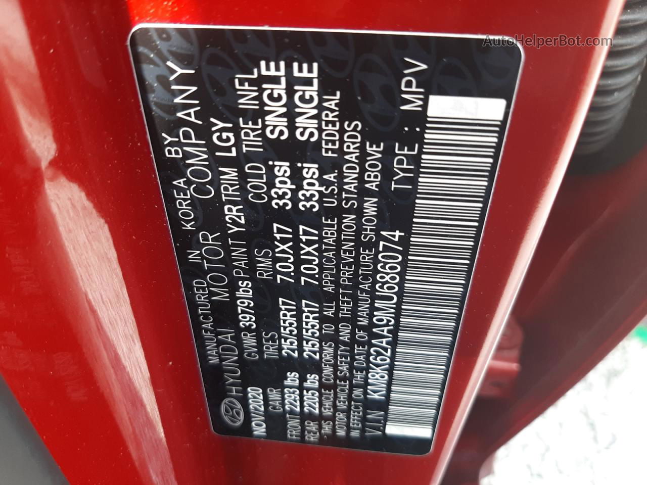 2021 Hyundai Kona Sel Plus Red vin: KM8K62AA9MU686074