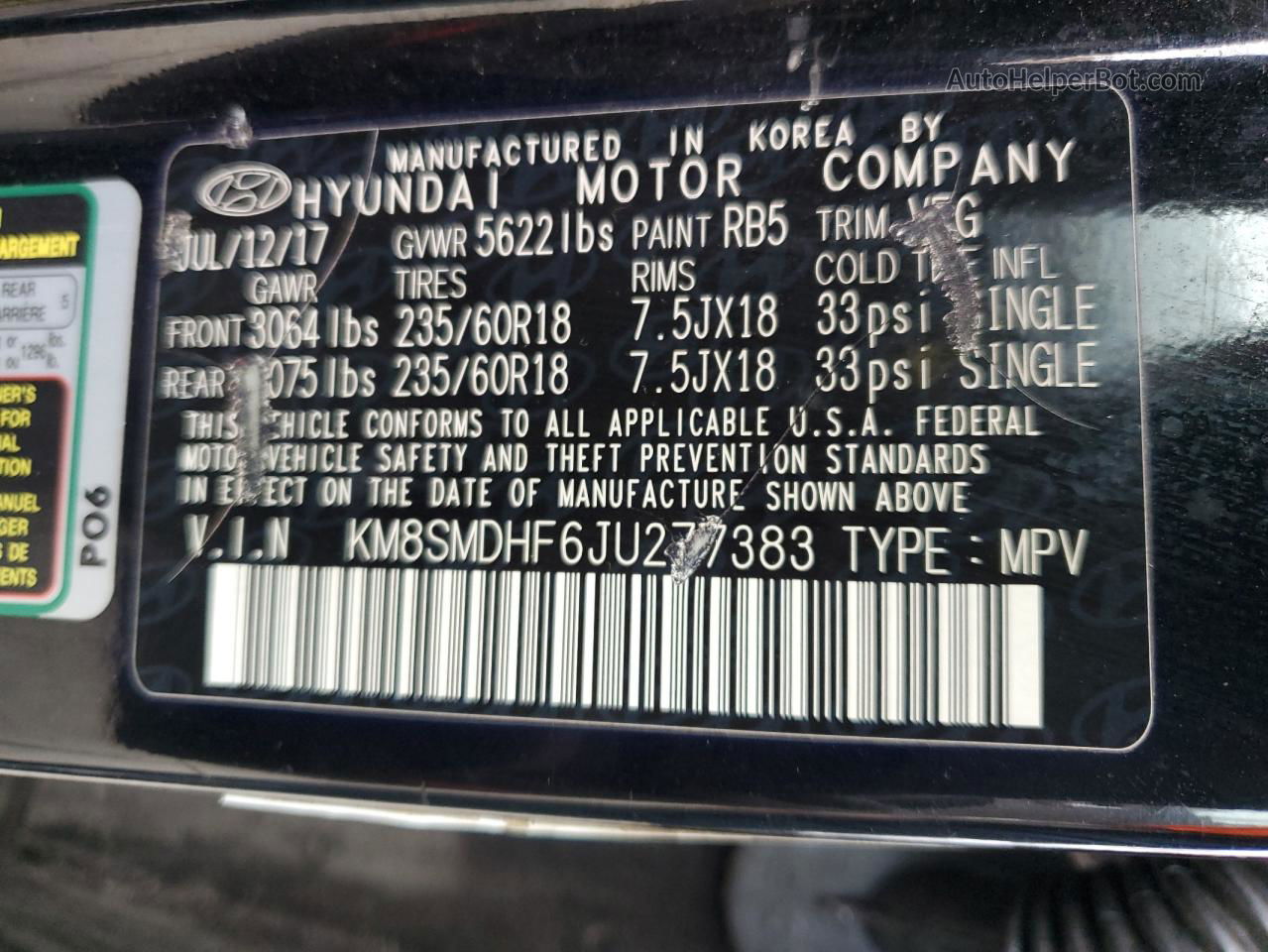 2018 Hyundai Santa Fe Se Черный vin: KM8SMDHF6JU277383
