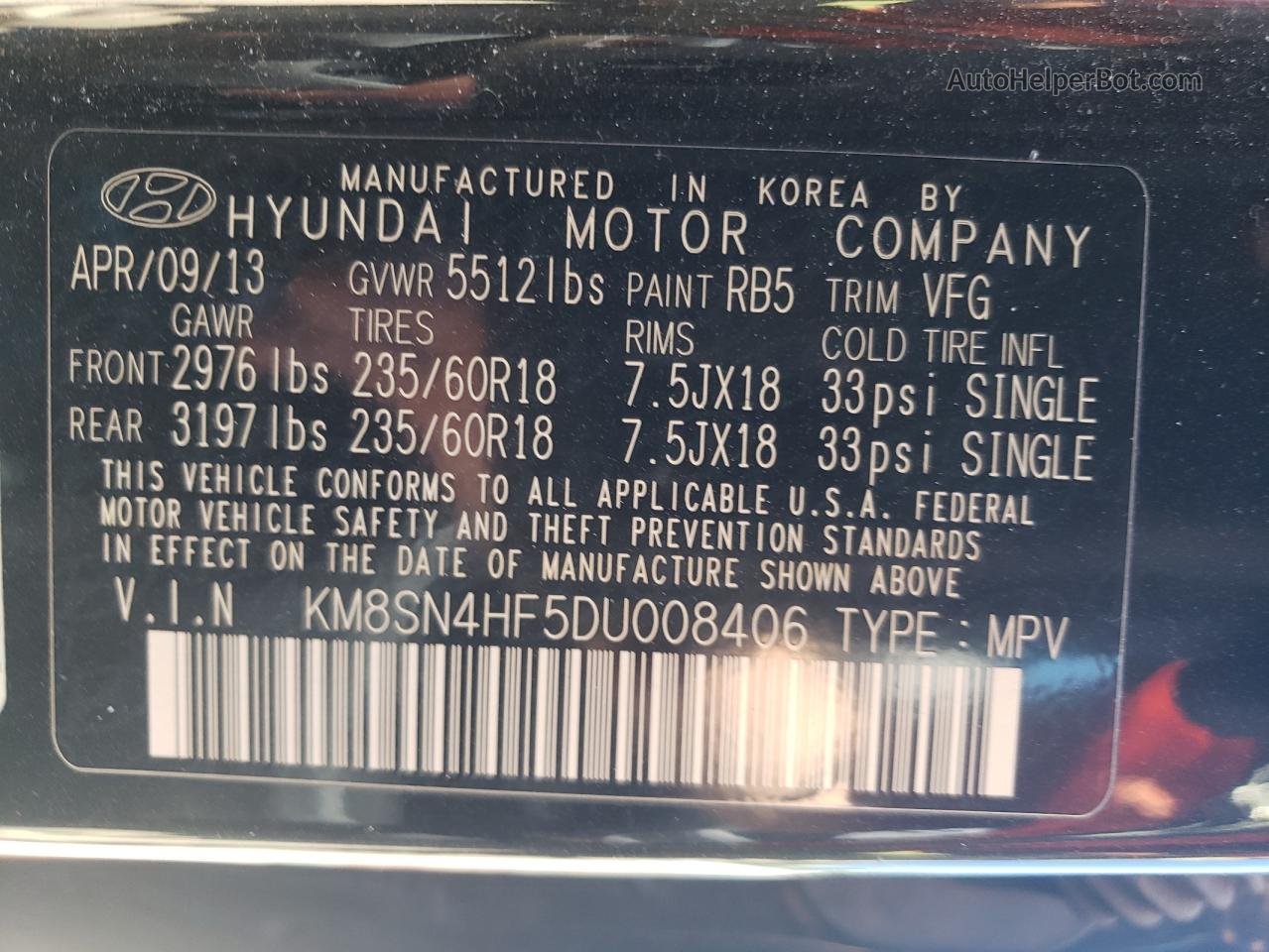 2013 Hyundai Santa Fe Gls Black vin: KM8SN4HF5DU008406