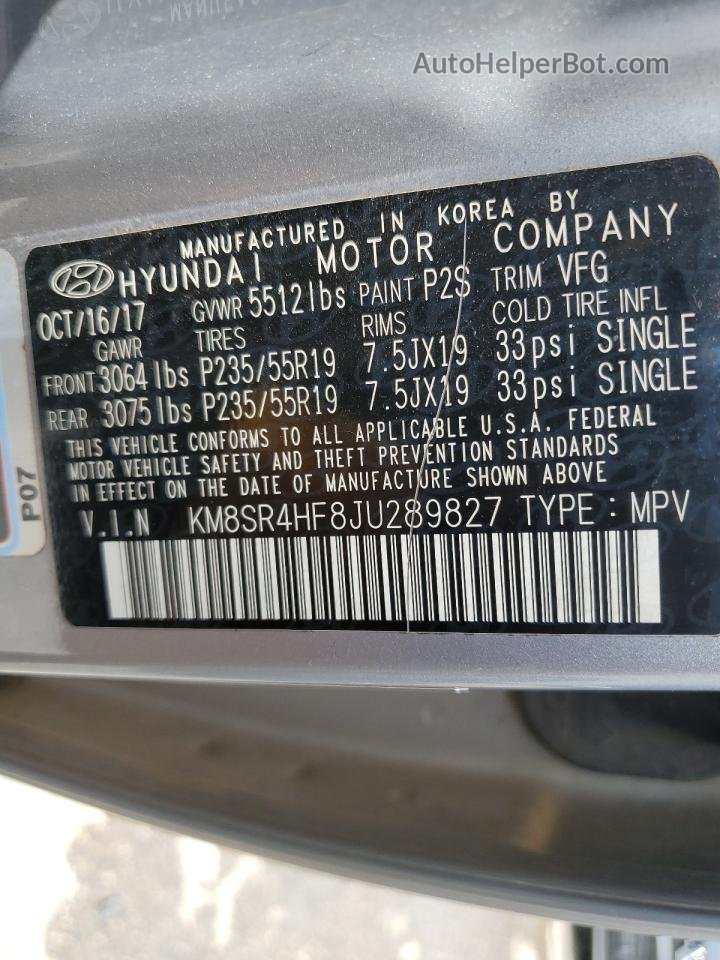 2018 Hyundai Santa Fe Se Ultimate Gray vin: KM8SR4HF8JU289827