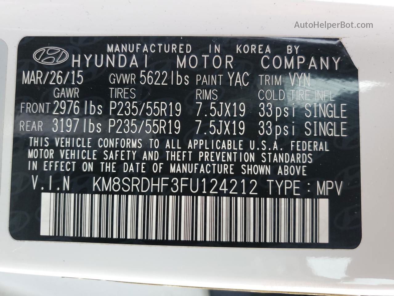 2015 Hyundai Santa Fe Gls White vin: KM8SRDHF3FU124212