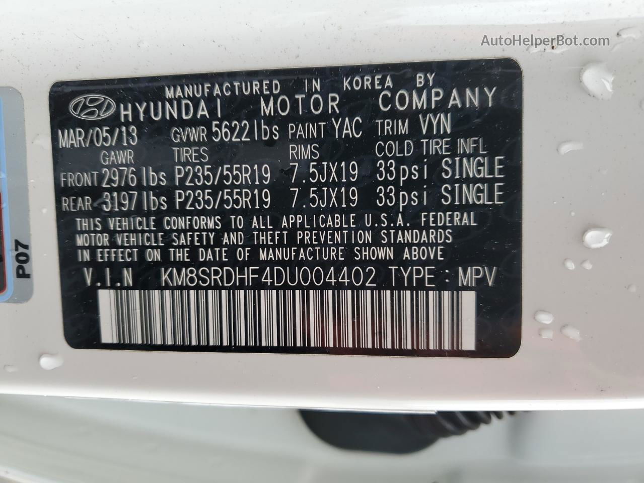 2013 Hyundai Santa Fe Limited White vin: KM8SRDHF4DU004402