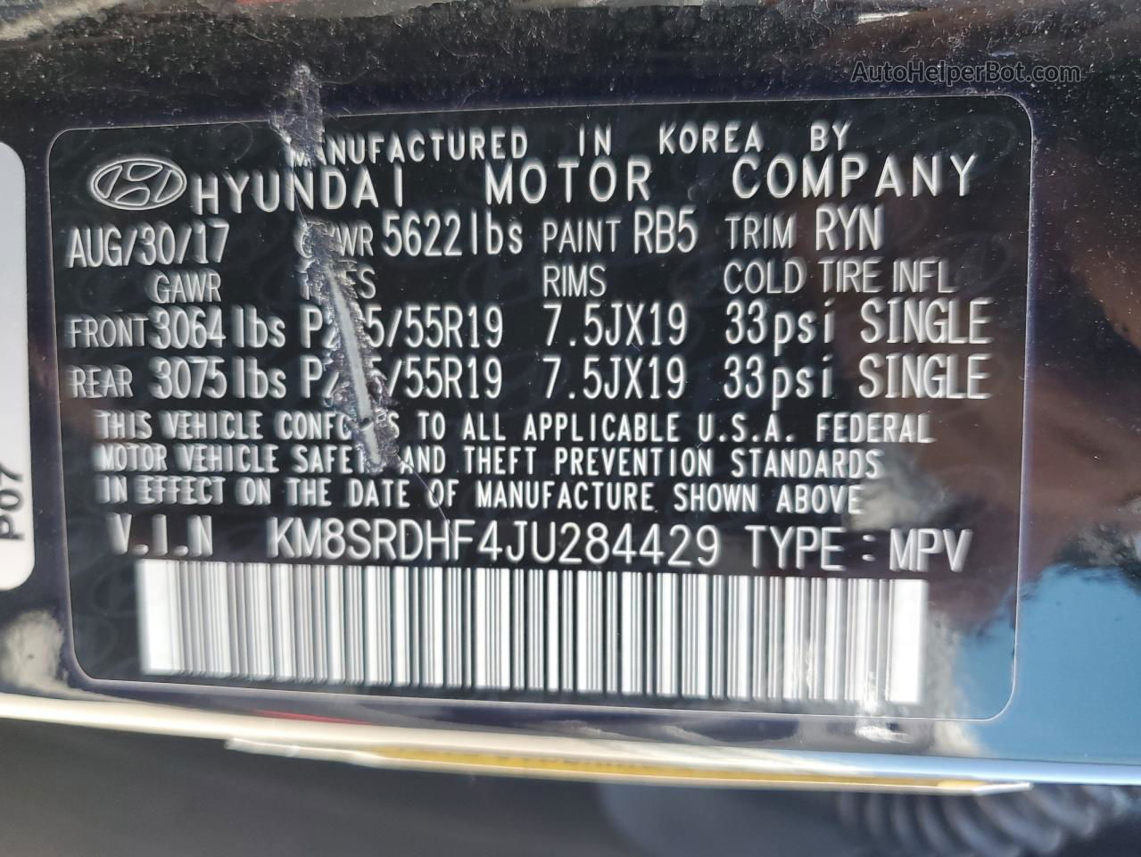 2018 Hyundai Santa Fe Se Ultimate Black vin: KM8SRDHF4JU284429