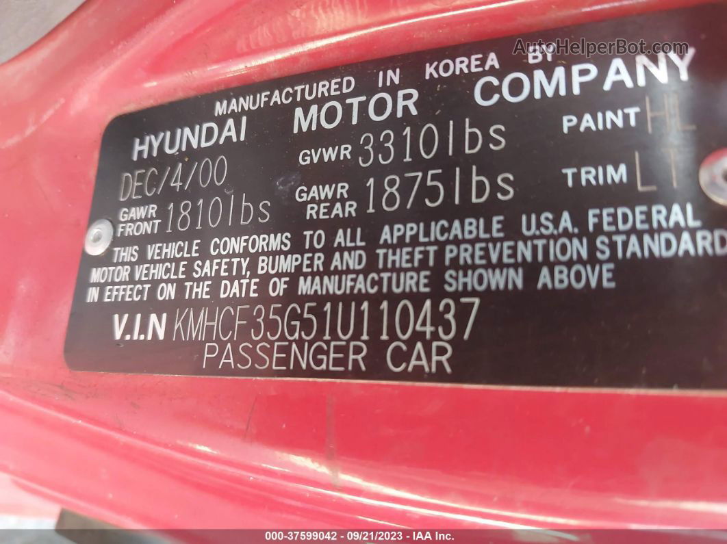 2001 Hyundai Accent L Red vin: KMHCF35G51U110437