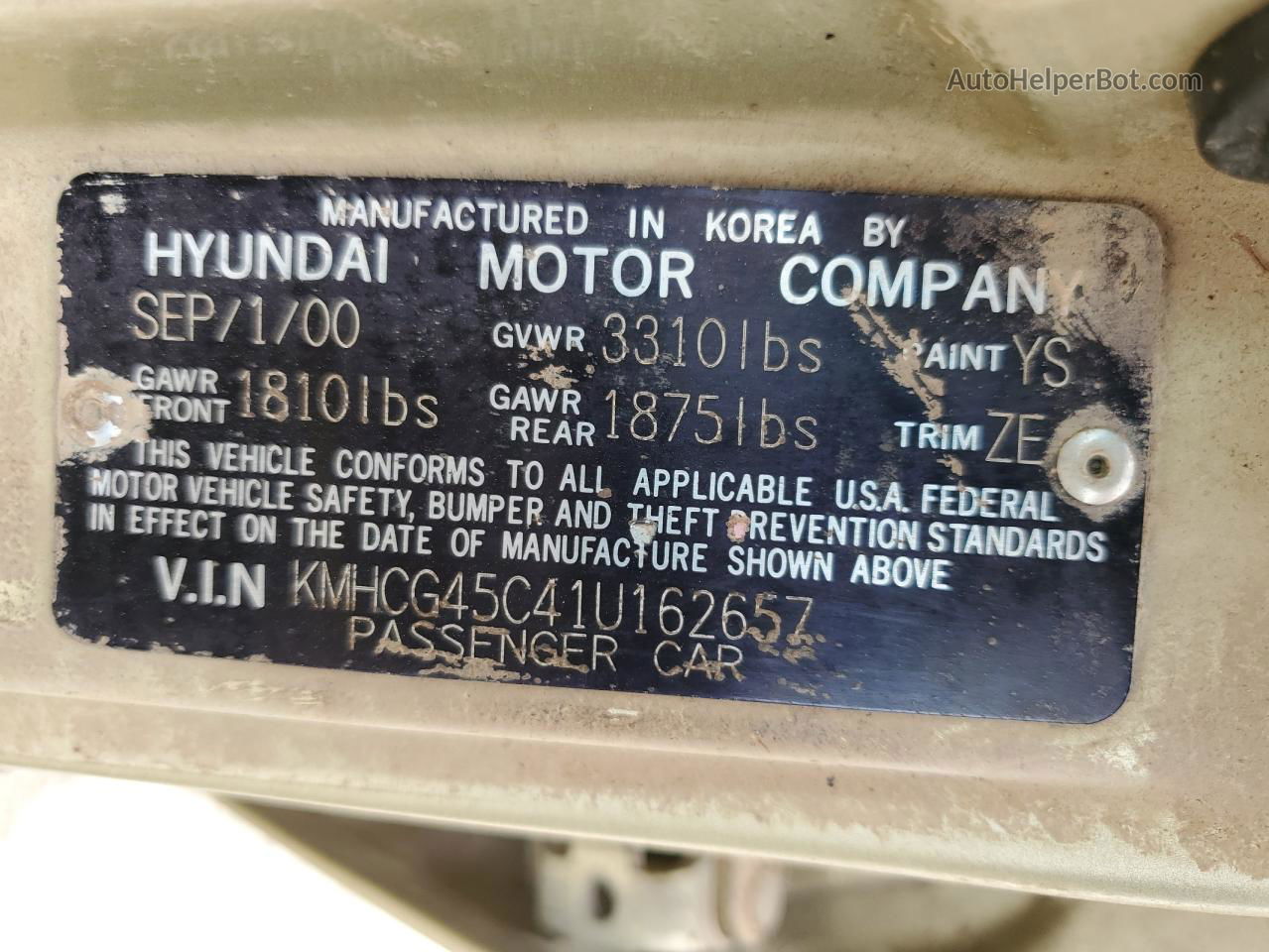 2001 Hyundai Accent Gl Серебряный vin: KMHCG45C41U162657