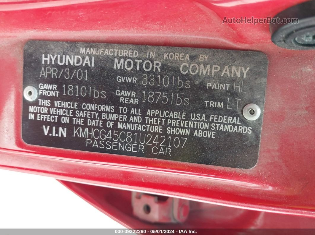 2001 Hyundai Accent Gl Red vin: KMHCG45C81U242107