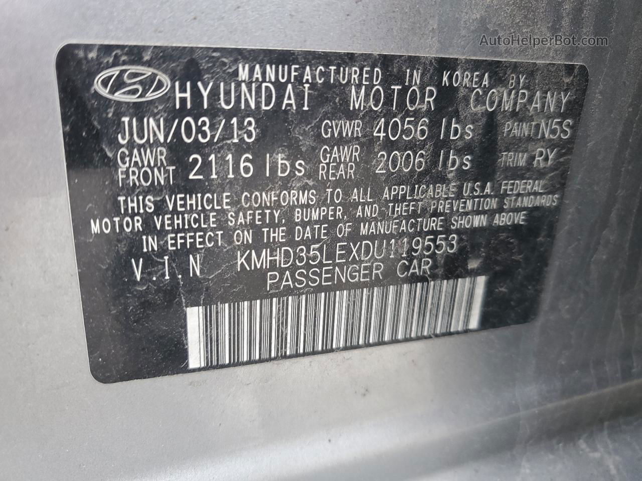 2013 Hyundai Elantra Gt  Silver vin: KMHD35LEXDU119553