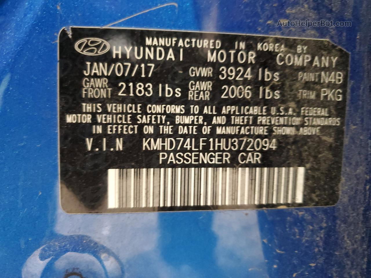 2017 Hyundai Elantra Se Blue vin: KMHD74LF1HU372094