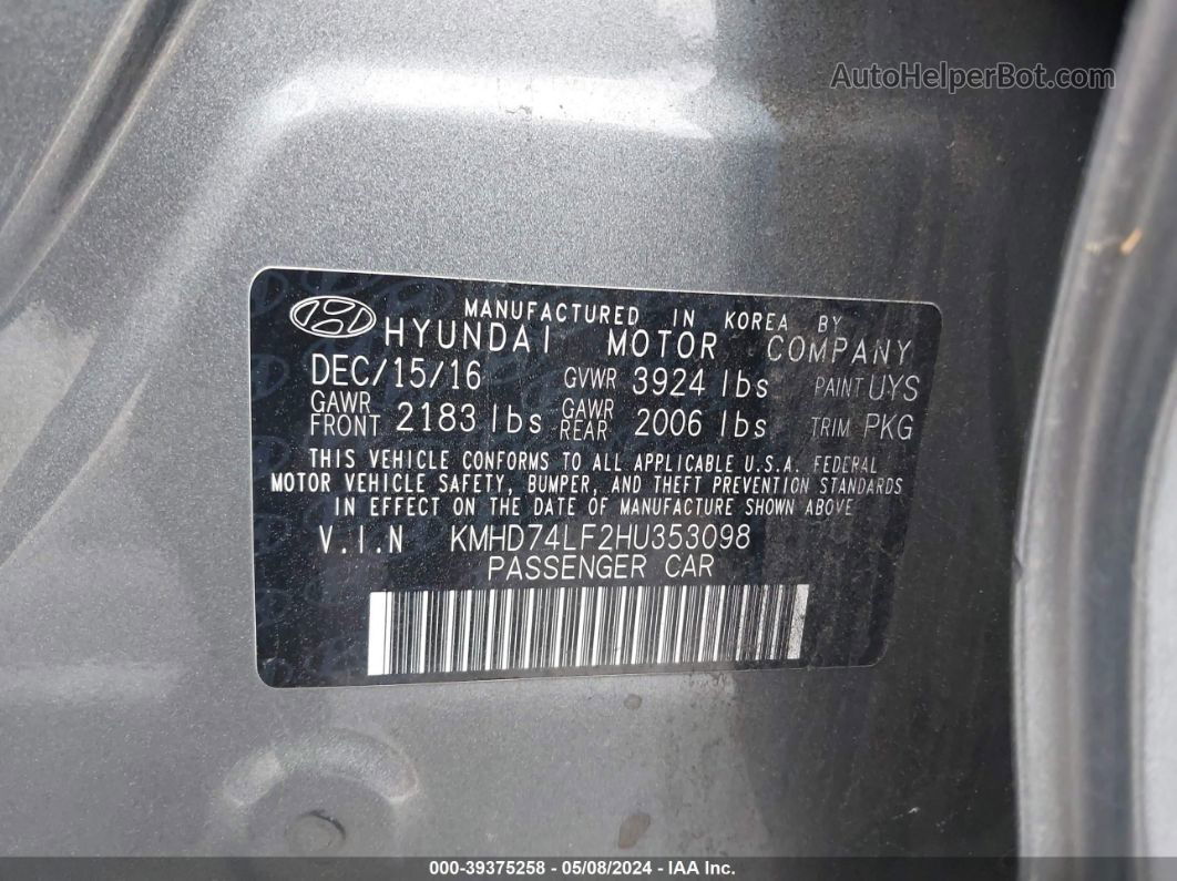 2017 Hyundai Elantra Se Gray vin: KMHD74LF2HU353098