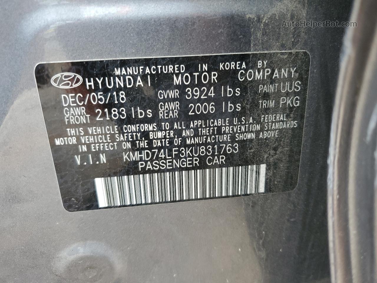 2019 Hyundai Elantra Se Серый vin: KMHD74LF3KU831763