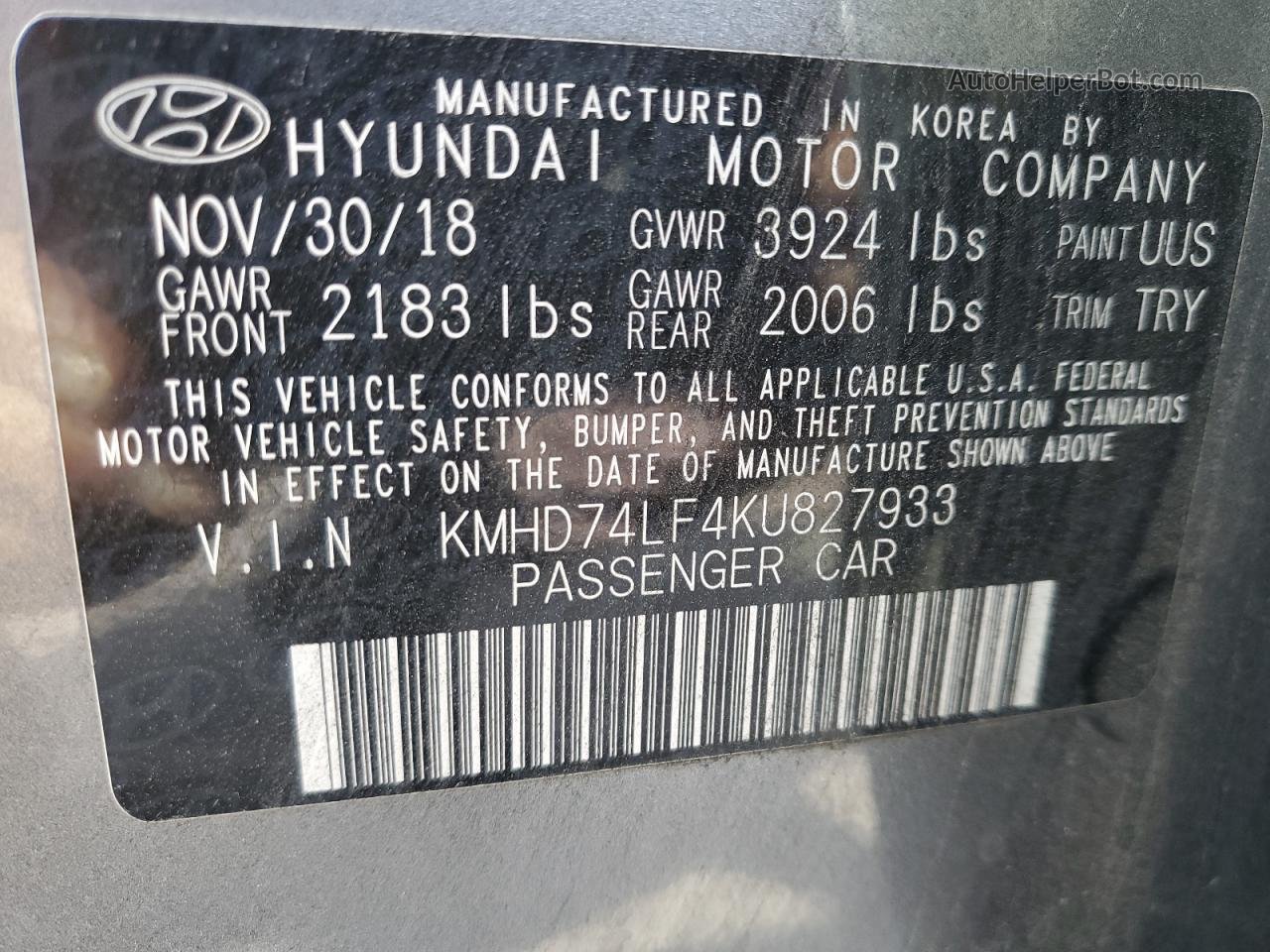 2019 Hyundai Elantra Se Gray vin: KMHD74LF4KU827933