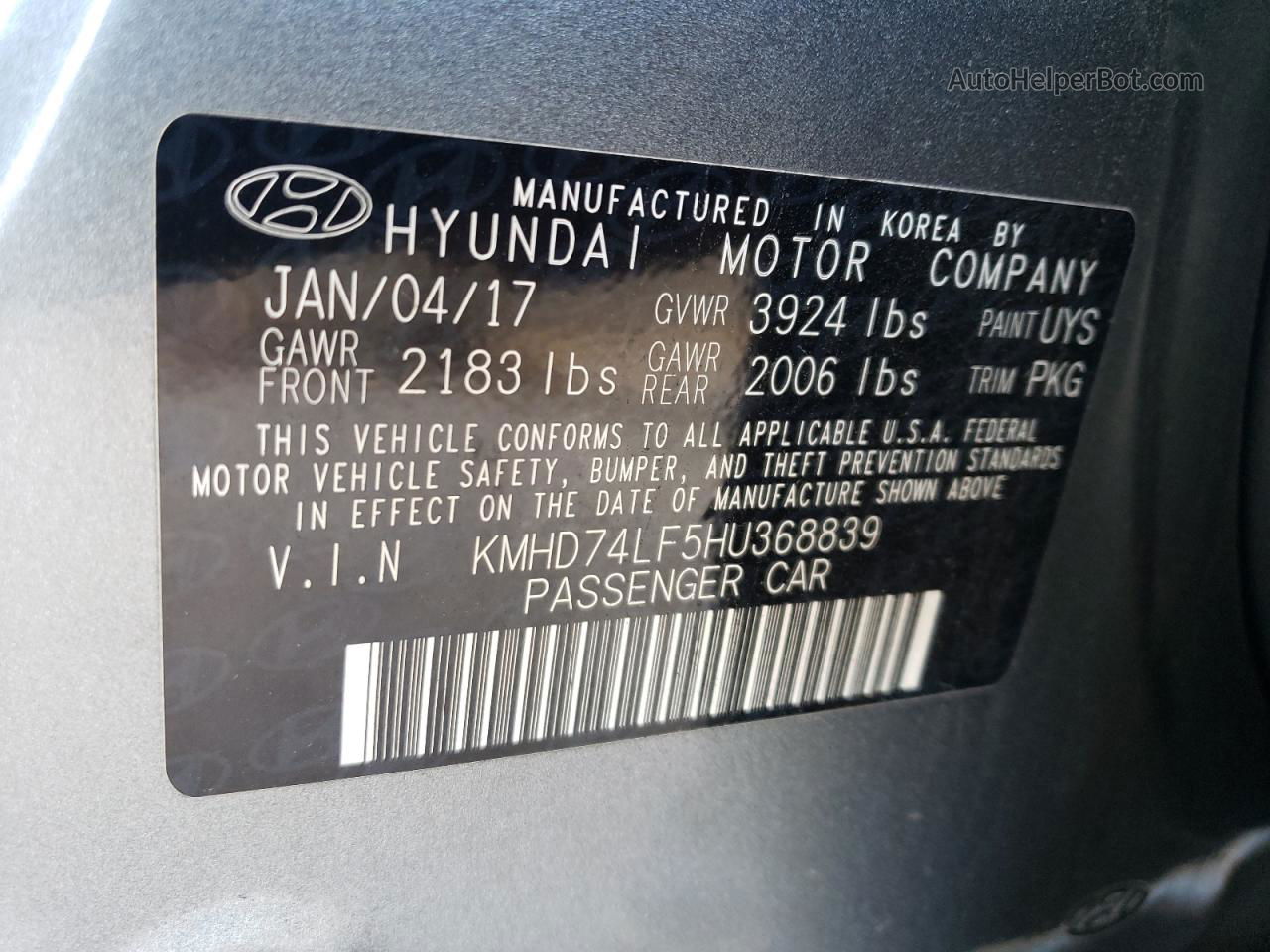 2017 Hyundai Elantra Se Gray vin: KMHD74LF5HU368839