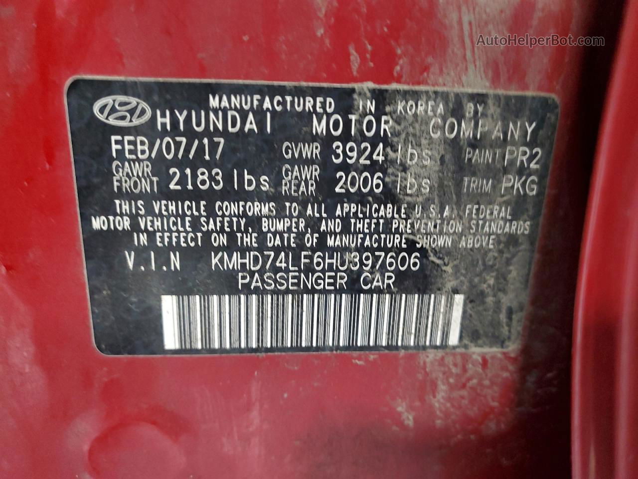 2017 Hyundai Elantra Se Red vin: KMHD74LF6HU397606