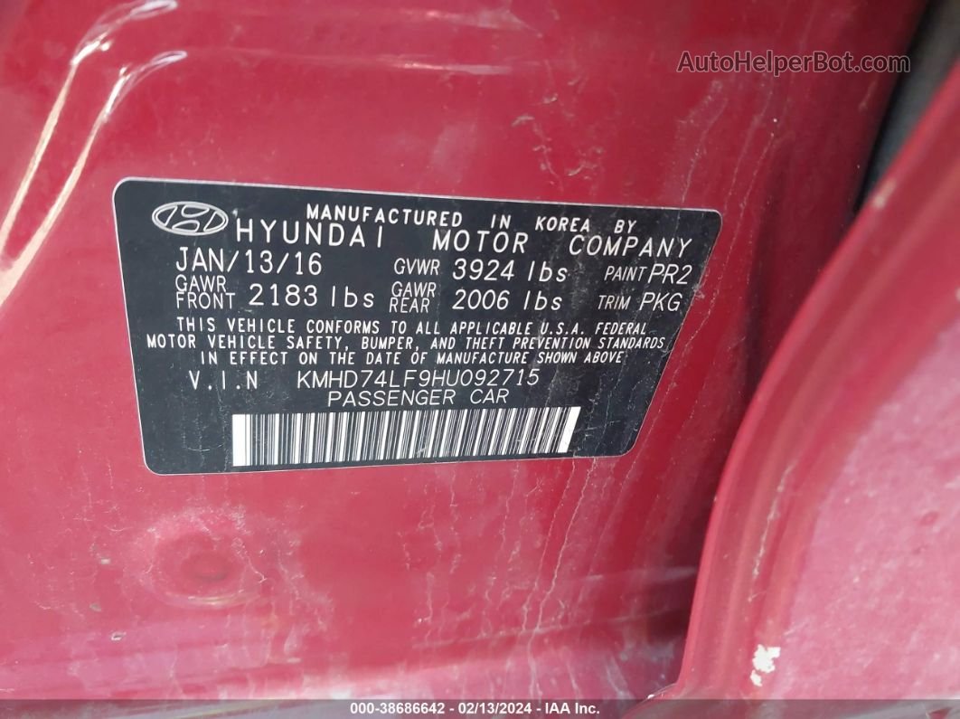 2017 Hyundai Elantra Se Красный vin: KMHD74LF9HU092715