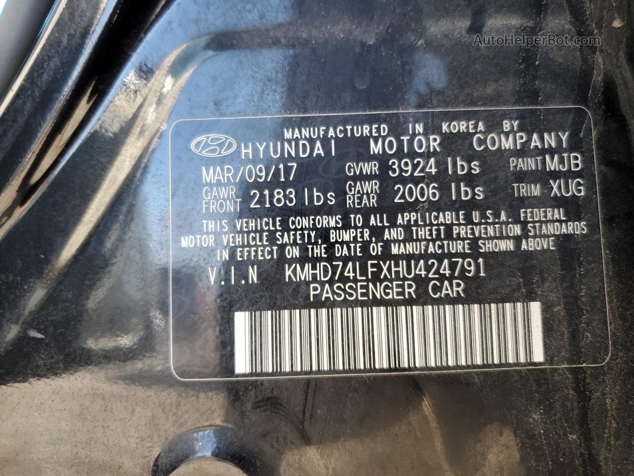 2017 Hyundai Elantra Se Черный vin: KMHD74LFXHU424791