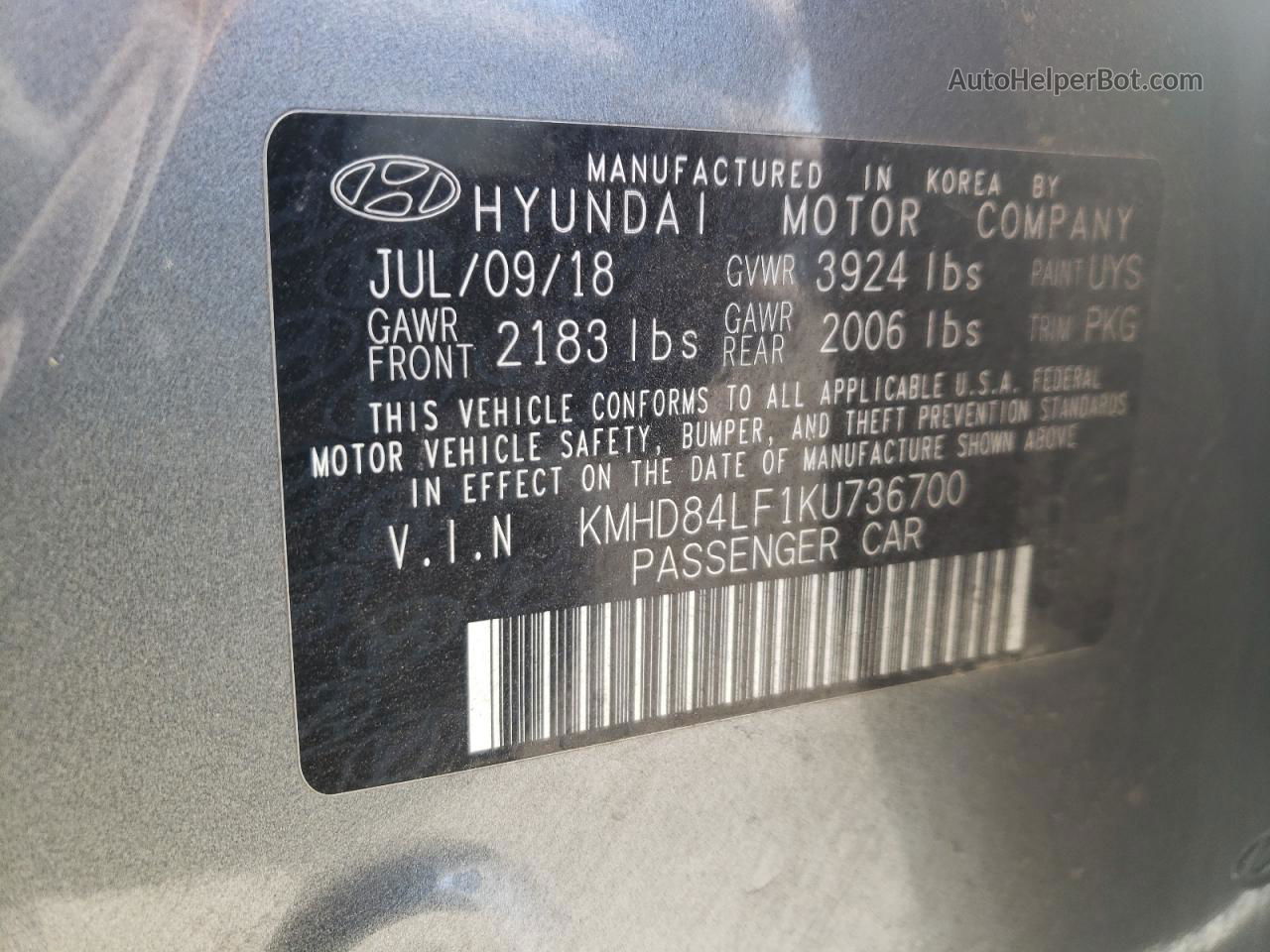 2019 Hyundai Elantra Sel Gray vin: KMHD84LF1KU736700