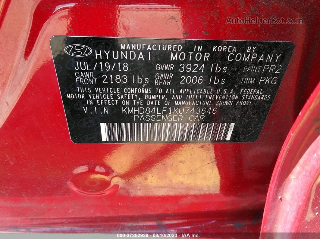 2019 Hyundai Elantra Sel Red vin: KMHD84LF1KU743646
