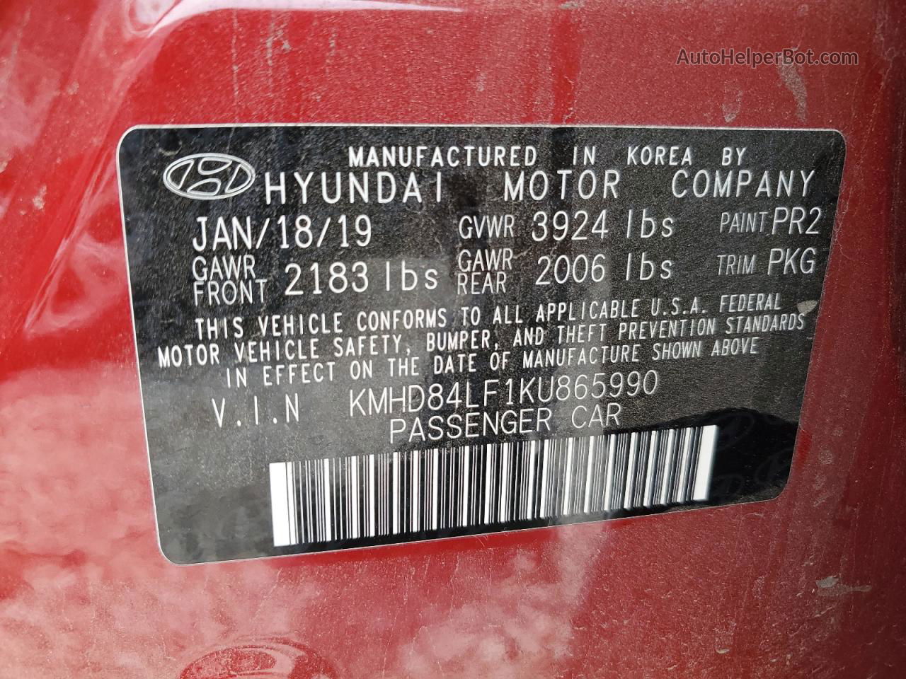 2019 Hyundai Elantra Sel Red vin: KMHD84LF1KU865990