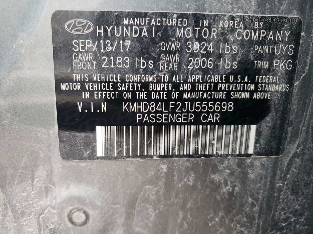 2018 Hyundai Elantra Sel Gray vin: KMHD84LF2JU555698