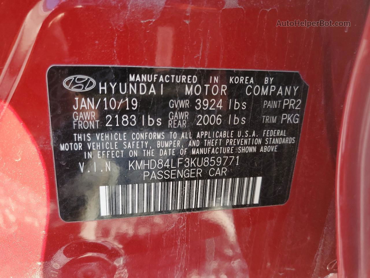 2019 Hyundai Elantra Sel Red vin: KMHD84LF3KU859771