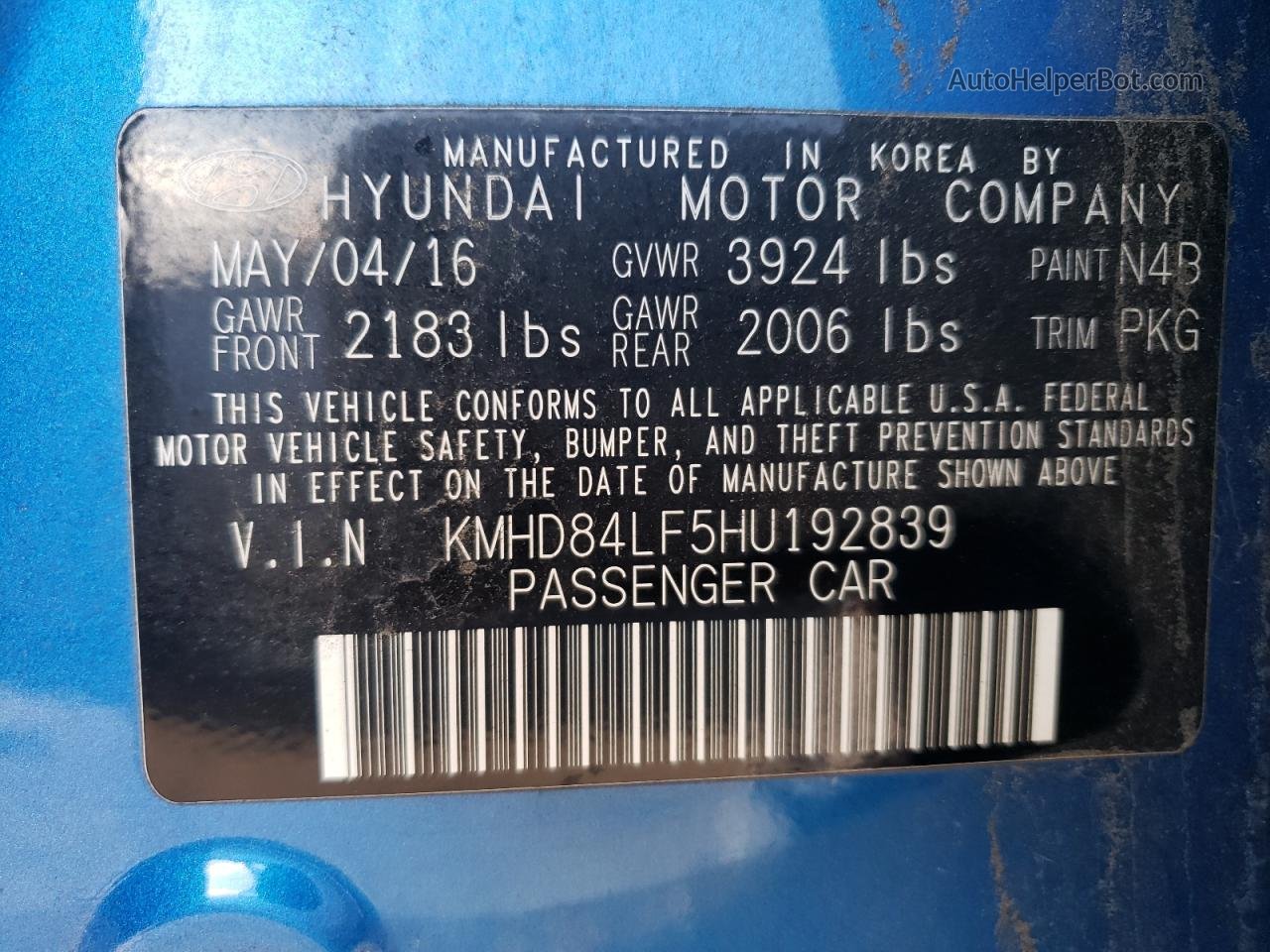 2017 Hyundai Elantra Se Blue vin: KMHD84LF5HU192839