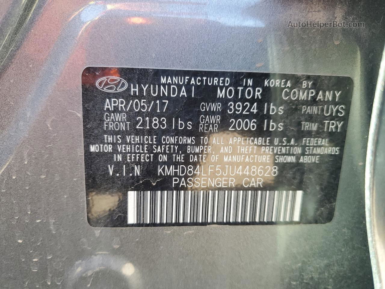 2018 Hyundai Elantra Sel Gray vin: KMHD84LF5JU448628