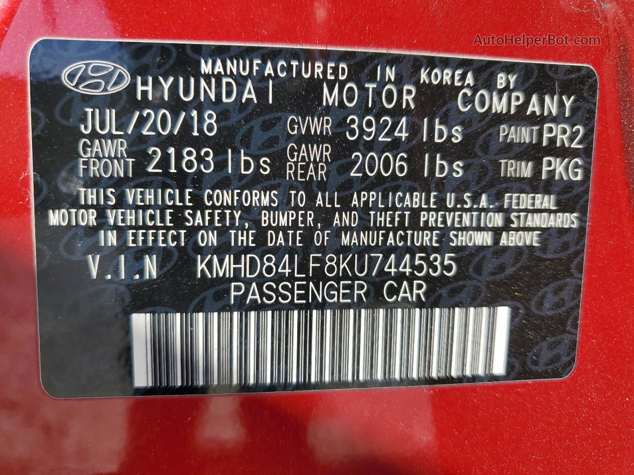 2019 Hyundai Elantra Sel Red vin: KMHD84LF8KU744535