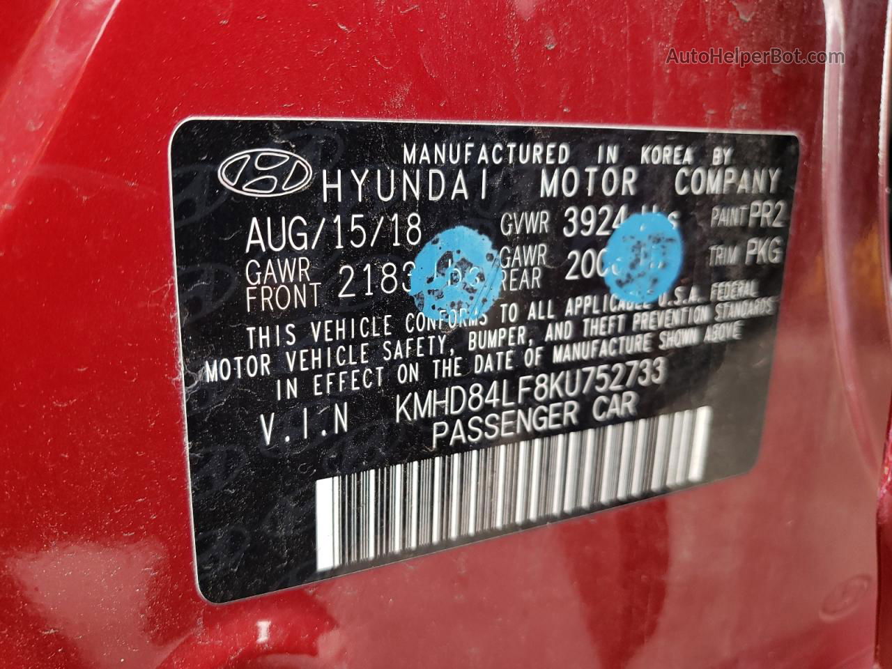 2019 Hyundai Elantra Sel Red vin: KMHD84LF8KU752733