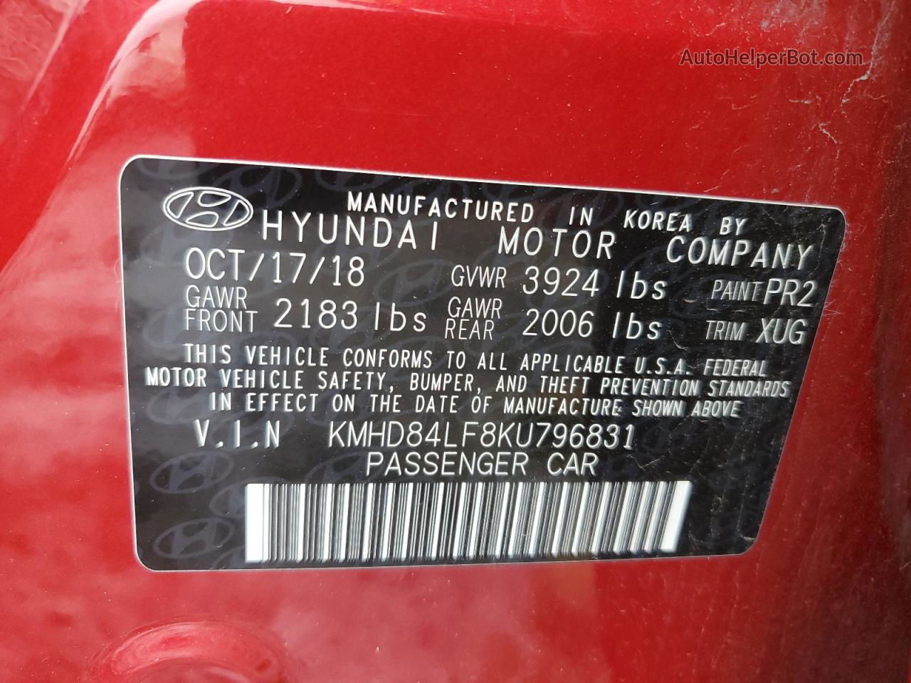 2019 Hyundai Elantra Sel Red vin: KMHD84LF8KU796831