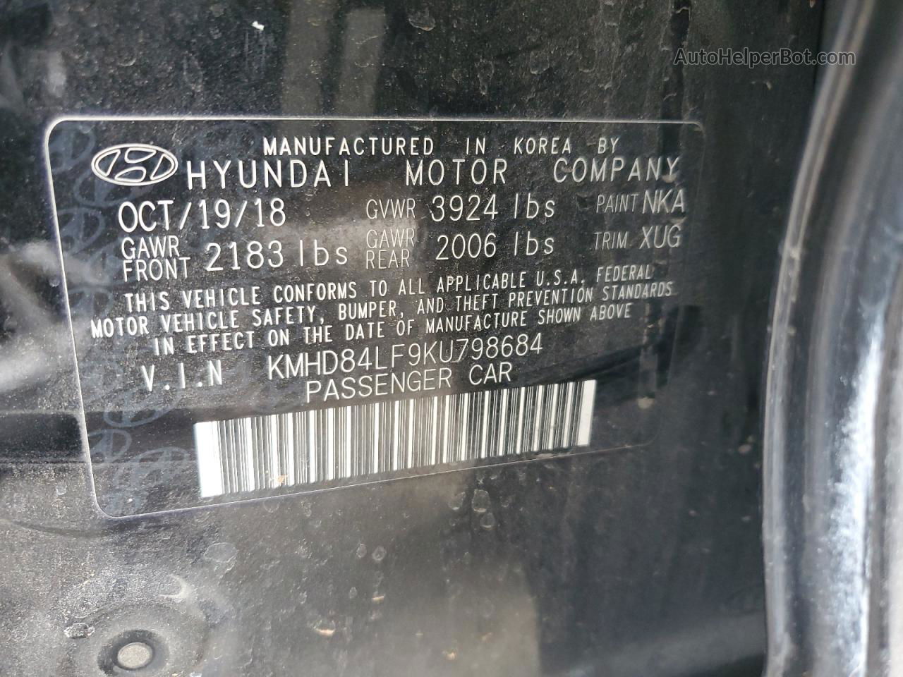 2019 Hyundai Elantra Sel Black vin: KMHD84LF9KU798684