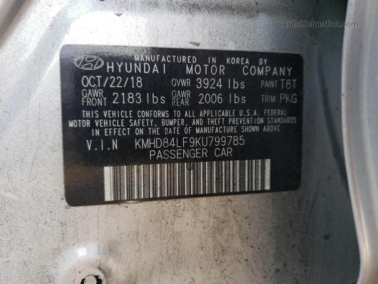 2019 Hyundai Elantra Sel Silver vin: KMHD84LF9KU799785