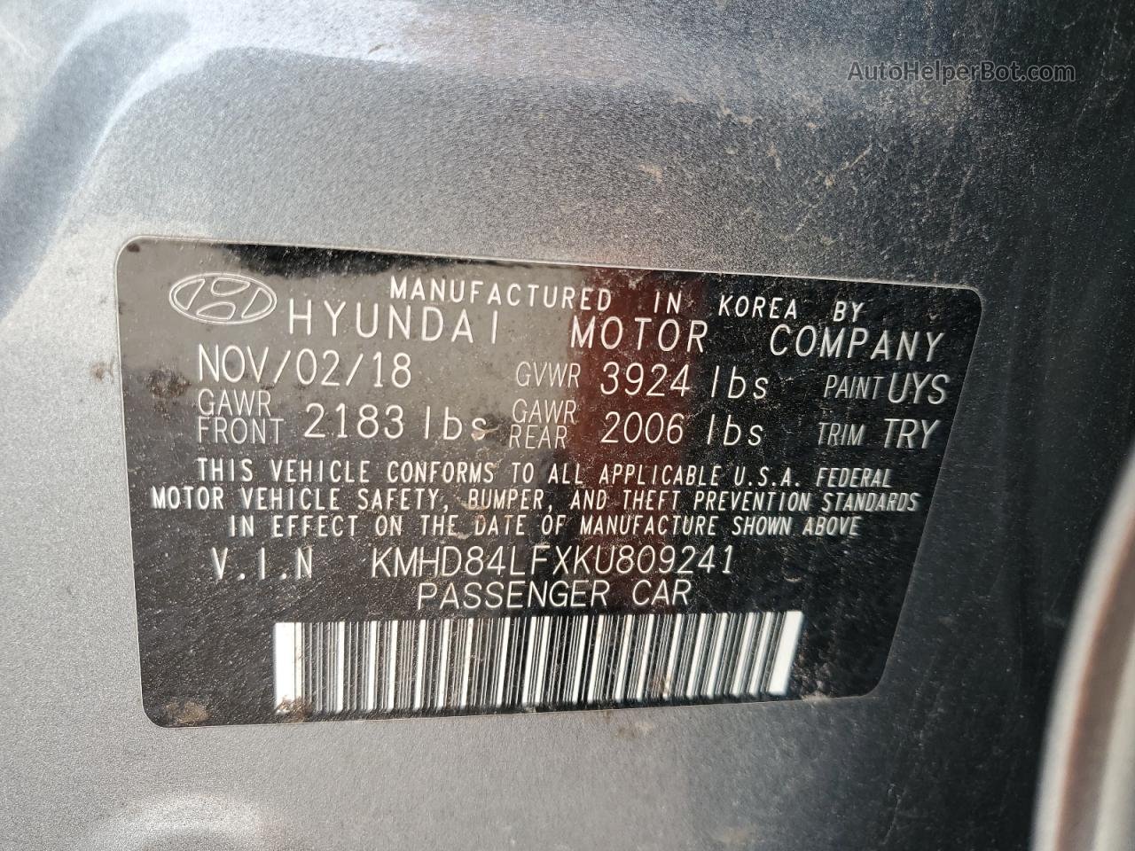 2019 Hyundai Elantra Sel Gray vin: KMHD84LFXKU809241