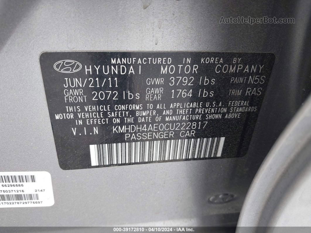 2012 Hyundai Elantra Limited (ulsan Plant) Gray vin: KMHDH4AE0CU222817