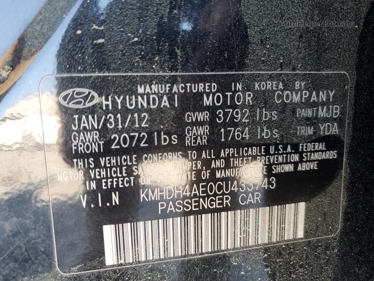 2012 Hyundai Elantra Gls Black vin: KMHDH4AE0CU433743