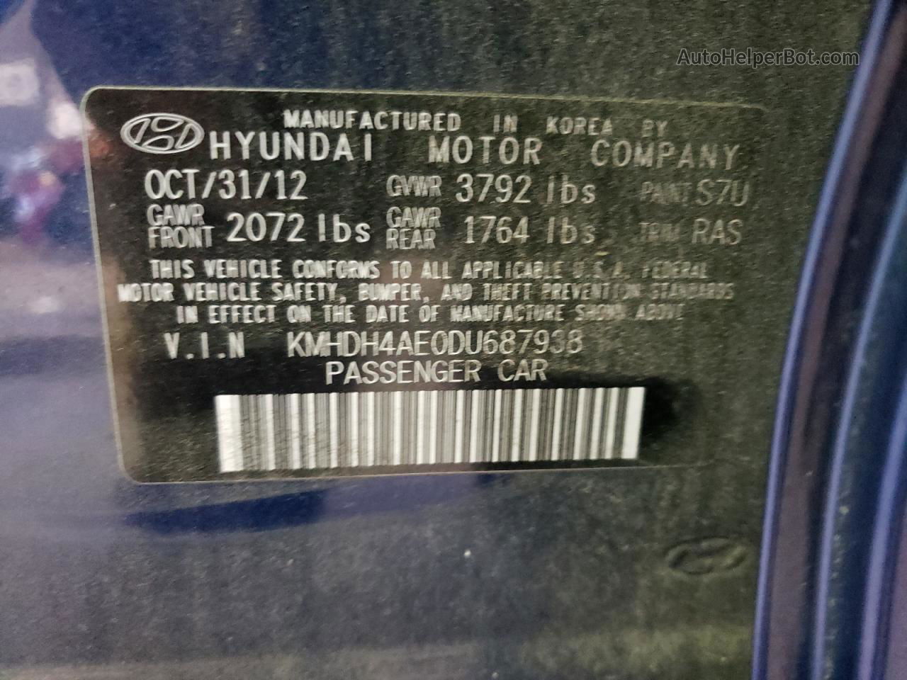2013 Hyundai Elantra Gls Blue vin: KMHDH4AE0DU687938