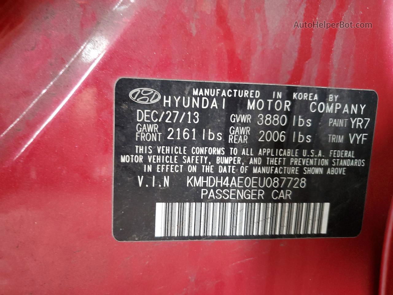 2014 Hyundai Elantra Se Red vin: KMHDH4AE0EU087728