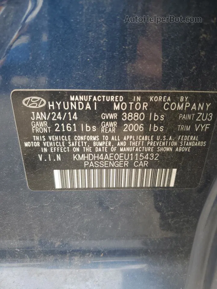 2014 Hyundai Elantra Se Blue vin: KMHDH4AE0EU115432