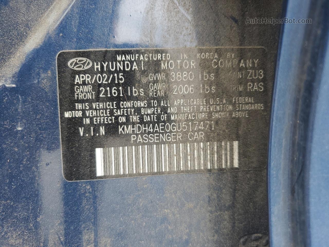 2016 Hyundai Elantra Se Blue vin: KMHDH4AE0GU517471