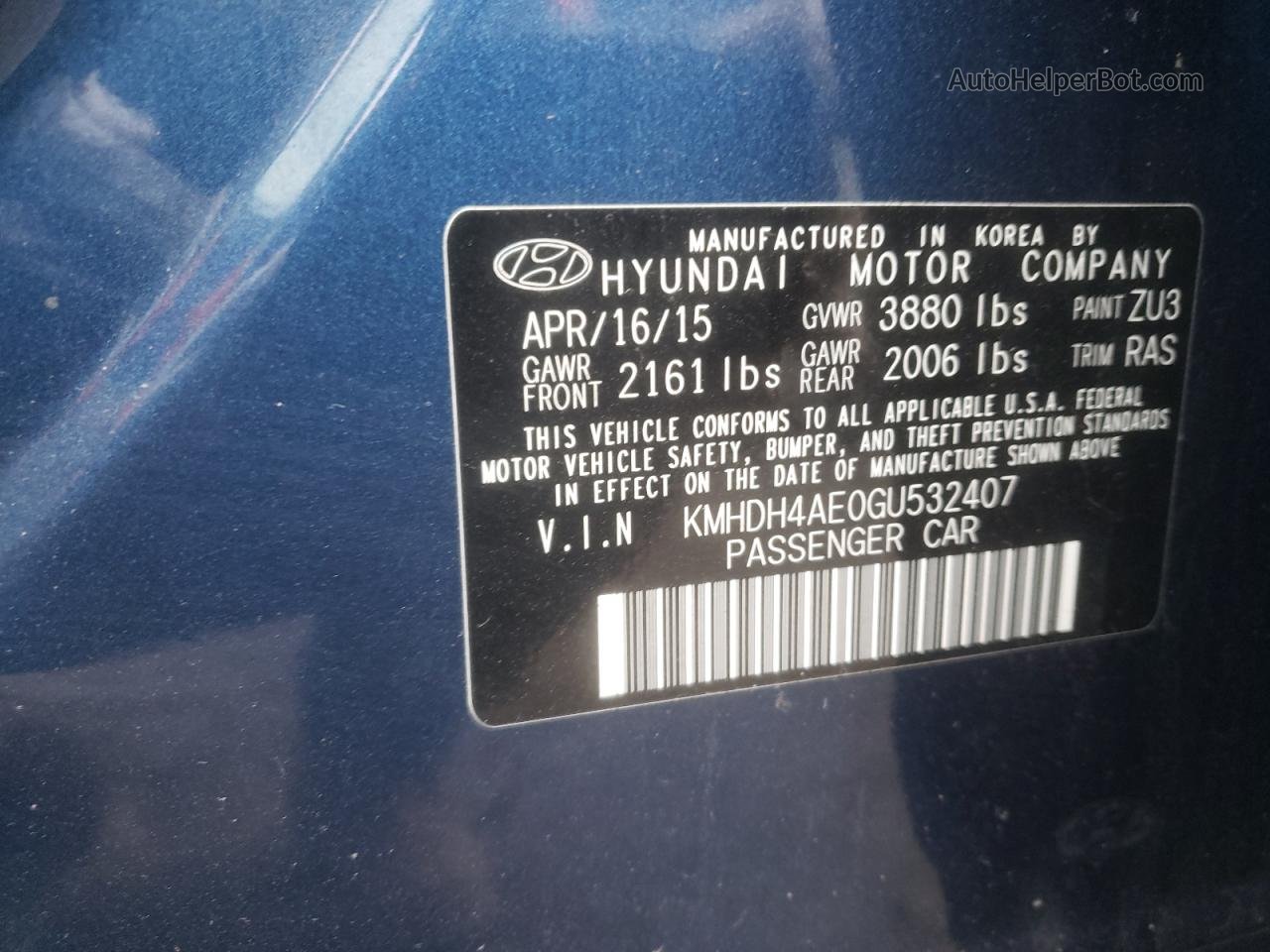 2016 Hyundai Elantra Se Blue vin: KMHDH4AE0GU532407