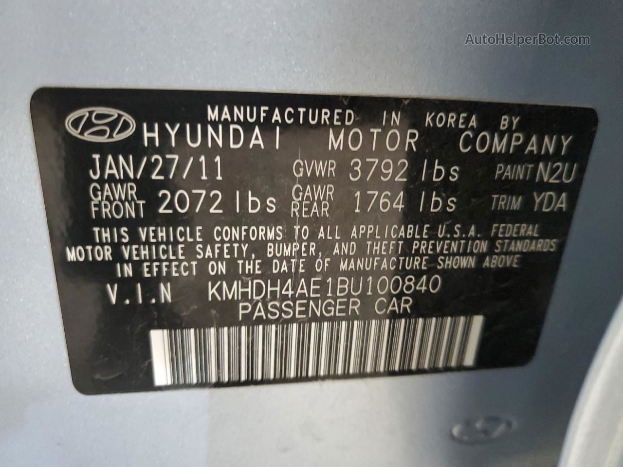 2011 Hyundai Elantra Gls Blue vin: KMHDH4AE1BU100840