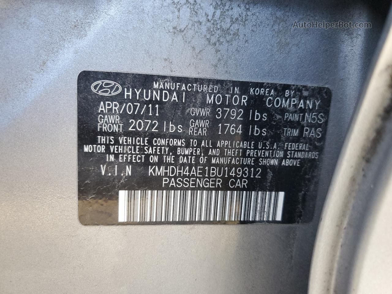2011 Hyundai Elantra Gls Gray vin: KMHDH4AE1BU149312