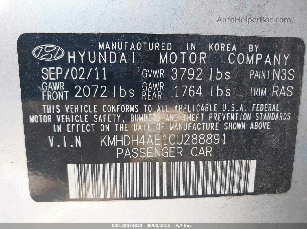 2012 Hyundai Elantra Gls (ulsan Plant) Silver vin: KMHDH4AE1CU288891